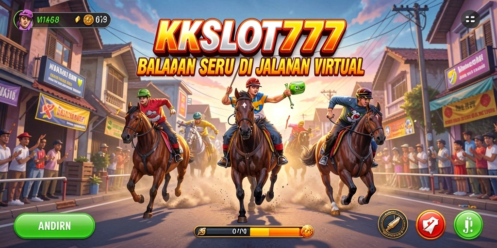 Tampilan gameplay seru KKSLOT777 dengan mobil balap melaju kencang.