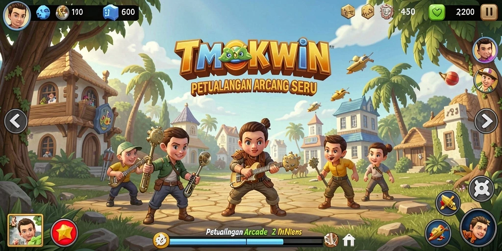 Screenshot TMOKWIN menampilkan gameplay arcade yang seru dan penuh warna.